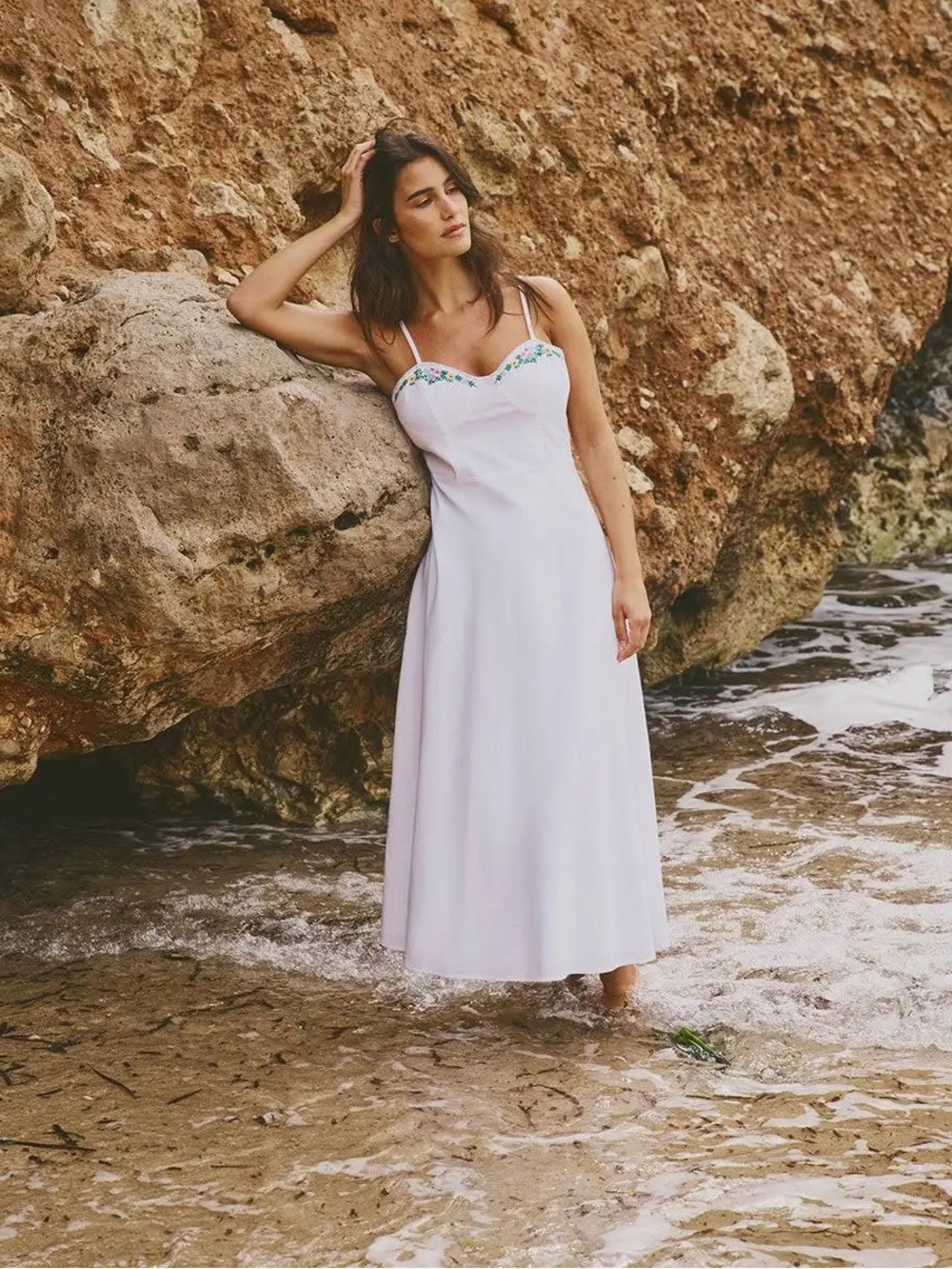 White Floral Embroidered Midi A-line Sundress